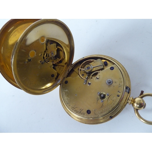 256 - An 18ct gold pocket watch, faced by a white enamel Roman dial