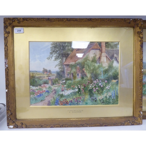 258 - Arthur Wilkinson - 'A Quiet Spot in Surrey' and 'A Kentish Cottage'  watercolours  bearing... 