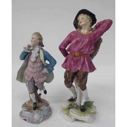 263 - Two Continental porcelain figures, a girl wearing a puce coloured tunic, carrying a basket of fruit ... 