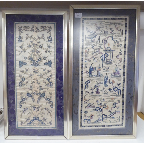 264 - Two similar late 19thC Chinese embroidered silk sleeve panels, variously decorated in colours with f... 