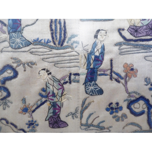 264 - Two similar late 19thC Chinese embroidered silk sleeve panels, variously decorated in colours with f... 