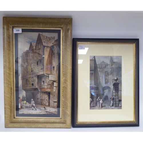 268 - Waldo Sargeant - two similar 19thC street scenes, featuring figures and dogs  watercolours ... 