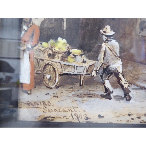 268 - Waldo Sargeant - two similar 19thC street scenes, featuring figures and dogs  watercolours ... 