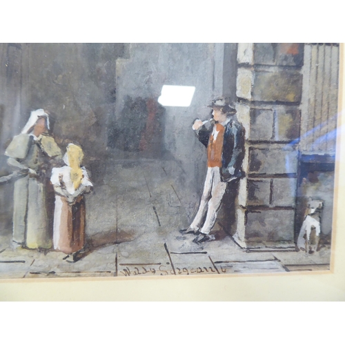 268 - Waldo Sargeant - two similar 19thC street scenes, featuring figures and dogs  watercolours ... 