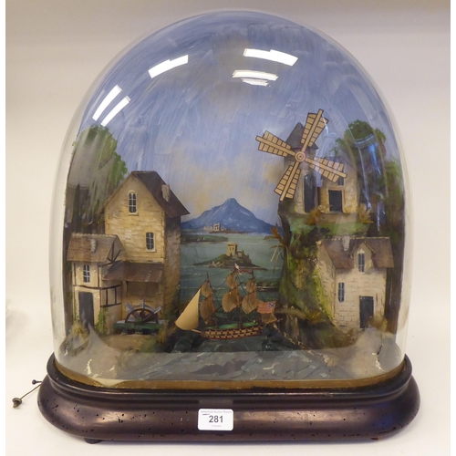 281 - A 19thC diorama automaton, featuring a rock in the sea and in the foreground a water wheel, windmill... 