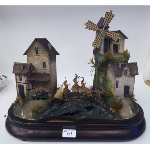 281 - A 19thC diorama automaton, featuring a rock in the sea and in the foreground a water wheel, windmill... 