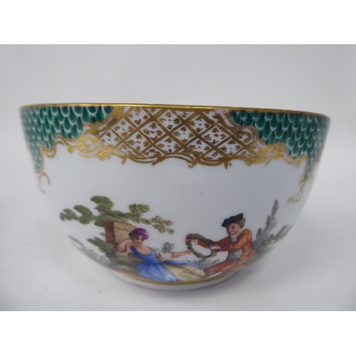 63 - Meissen 2nd Association porcelain teaware, decorated with romantic figures in gardens and flora and ... 