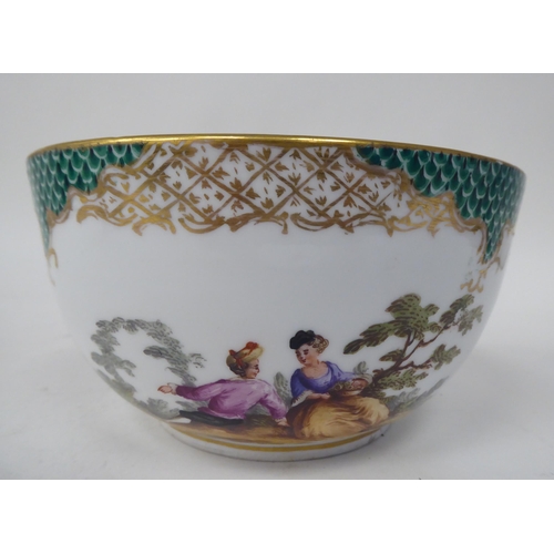 63 - Meissen 2nd Association porcelain teaware, decorated with romantic figures in gardens and flora and ... 