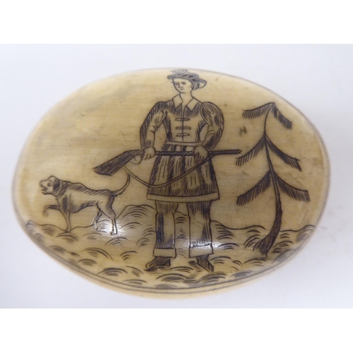 68 - An 18thC, possibly Dutch, scratch engraved bone, oval, cushion shape snuff box with a hinged lid, fe... 