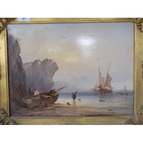 81 - 19thC British School - a shoreline scene with figures unloading small boats  oil on canvas  11