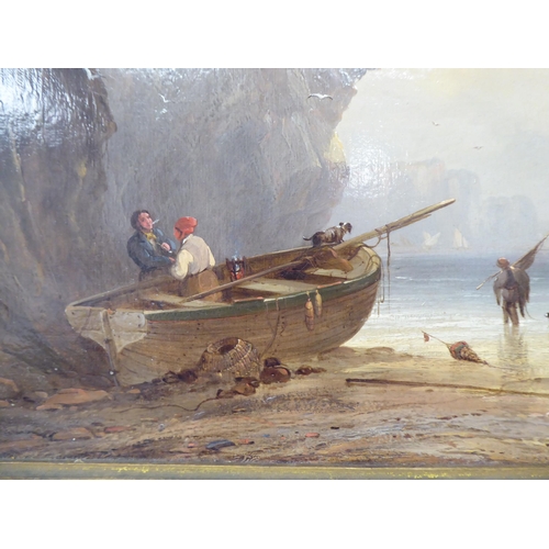 81 - 19thC British School - a shoreline scene with figures unloading small boats  oil on canvas  11