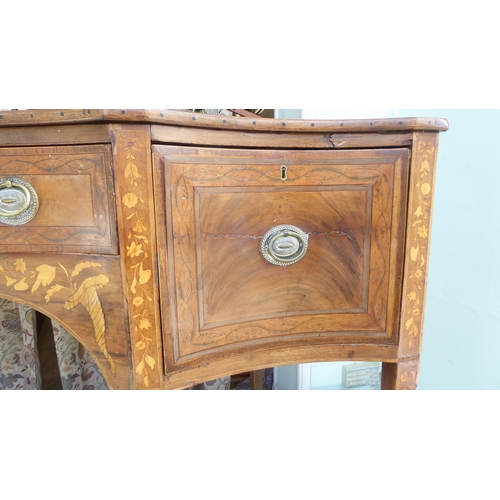 82 - A late 18th/early 19thC hardwood and marquetry, concave front sideboard, fitted with three drawers a... 