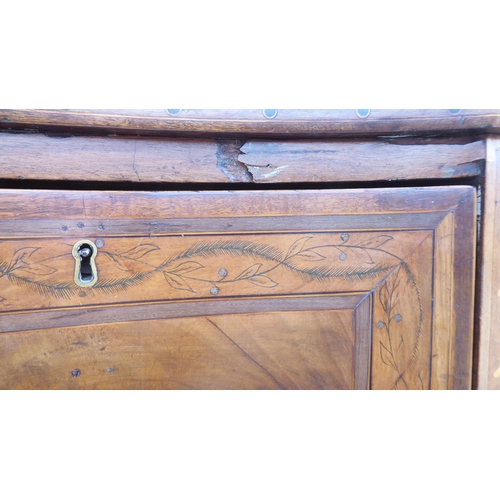 82 - A late 18th/early 19thC hardwood and marquetry, concave front sideboard, fitted with three drawers a... 