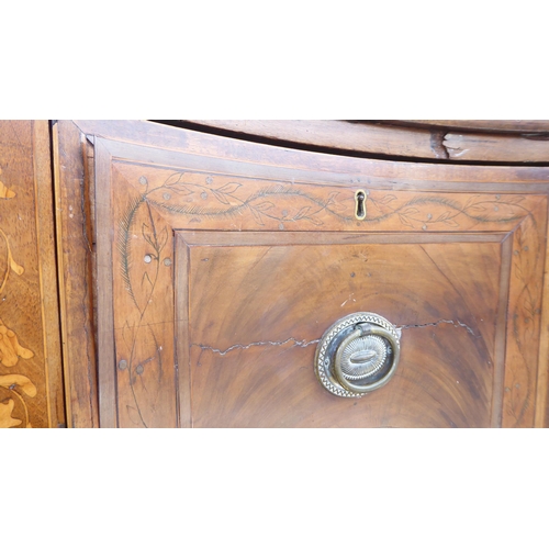 82 - A late 18th/early 19thC hardwood and marquetry, concave front sideboard, fitted with three drawers a... 