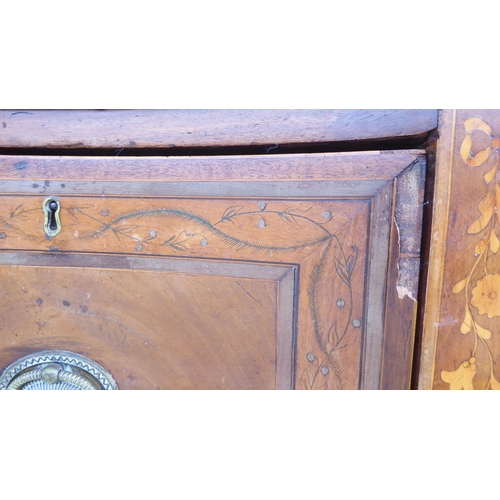 82 - A late 18th/early 19thC hardwood and marquetry, concave front sideboard, fitted with three drawers a... 