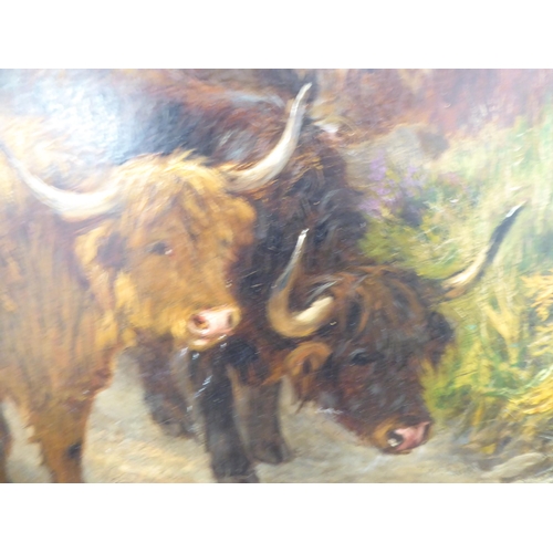 91 - Attributed to Henry Garland - Highland cattle with drovers  oil on canvas, laid on board  ... 