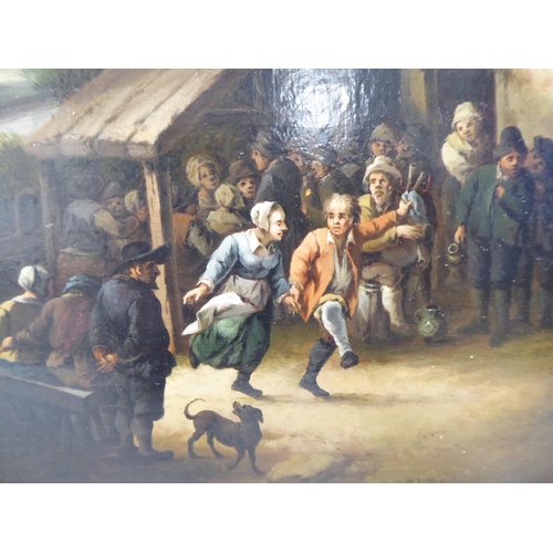 96 - In the manner of David Teniers the younger - a small gathering by a canal and town buildings beyond ... 