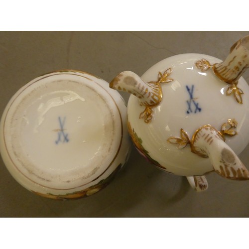 63 - Meissen 2nd Association porcelain teaware, decorated with romantic figures in gardens and flora and ... 