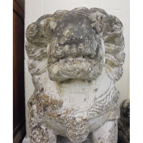 78 - A pair of Chinese carved, weathered marble, seated Lion Dogs, on plinths  20