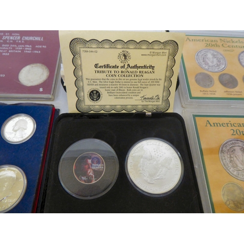 118 - Uncollated American coins: to include a one ounce 999 Fine Silver Ronald Regan one dollar  boxed