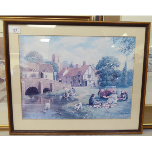 127 - Framed modern pictures: to include after W Russell Flint - 'The Seven Springs of Vers'  coloure... 