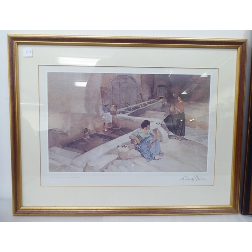 127 - Framed modern pictures: to include after W Russell Flint - 'The Seven Springs of Vers'  coloure... 