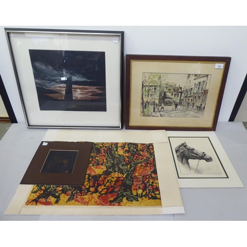 136 - Modern artwork, some framed: to include Hernelot - a scene in Montmartre Square  watercolour  bears ... 