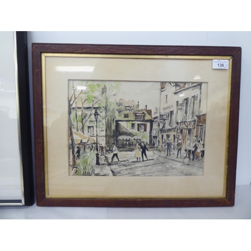 136 - Modern artwork, some framed: to include Hernelot - a scene in Montmartre Square  watercolour  bears ... 