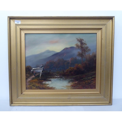 142 - R Starkey - a highland lake scene  oil on canvas  bears a signature  16.5