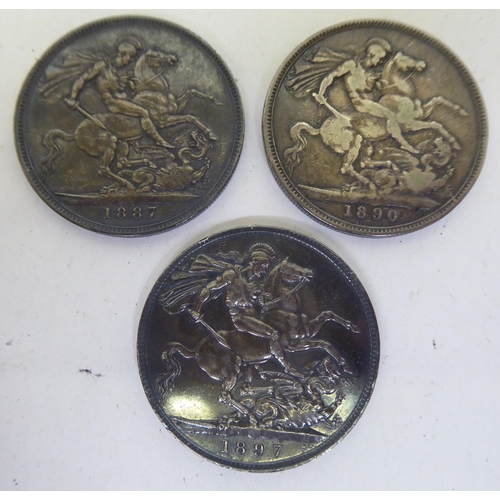 146 - Three Victorian silver crowns, St George on the obverse  1887, 1890 and 1897 