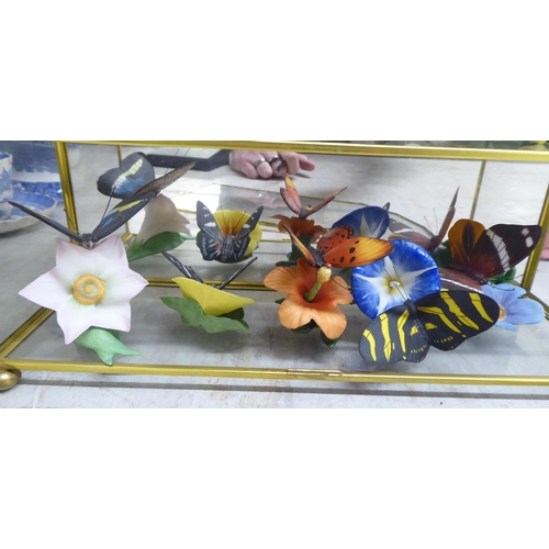 185 - A set of fourteen Franklin Mint 'Butterflies of the World' porcelain sculptures, in a glass display ... 