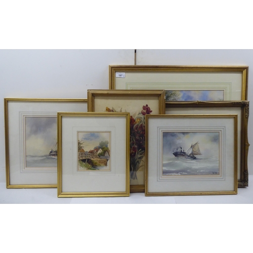 187 - Six framed watercolours: to include two works by Peter Toms - seascapes  bearing signatures  8