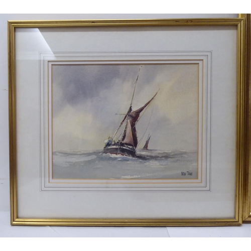 187 - Six framed watercolours: to include two works by Peter Toms - seascapes  bearing signatures  8