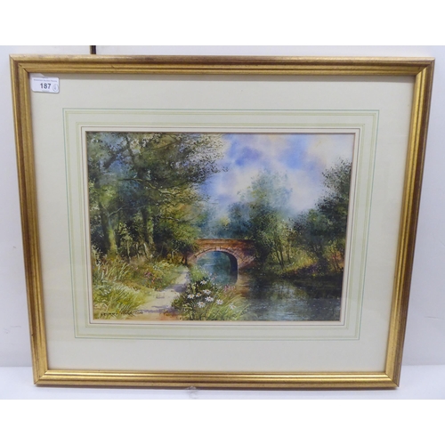 187 - Six framed watercolours: to include two works by Peter Toms - seascapes  bearing signatures  8