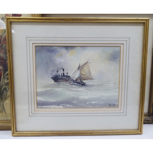 187 - Six framed watercolours: to include two works by Peter Toms - seascapes  bearing signatures  8