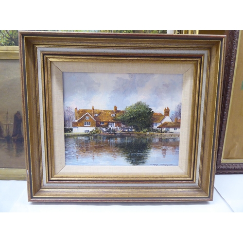 199 - Framed pictures: to include Terry Harrison - 'Blue Beakers'  oil on canvas  bears a signat... 