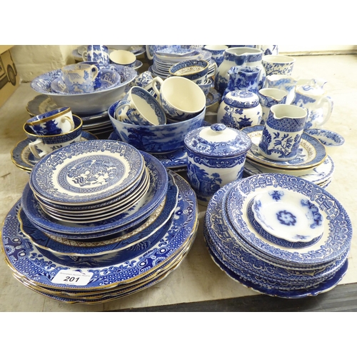 201 - Blue and white ceramics: to include willow and other patterns by Burleighware and other factories