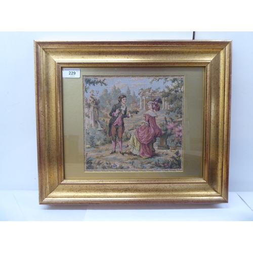 229 - Framed pictures and other media: to include a tapestry of a period garden scene  10