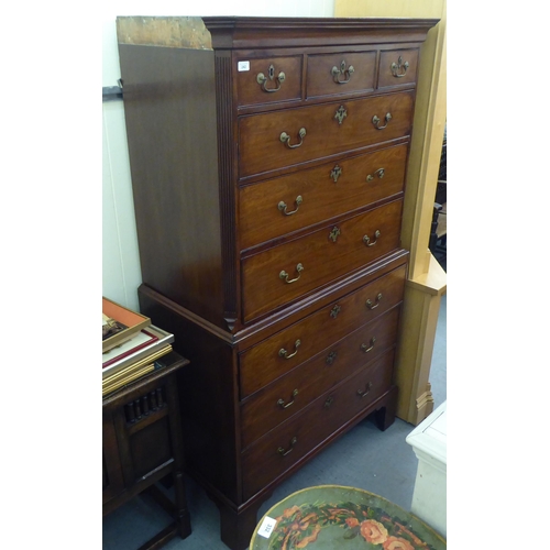 242 - A 19thC mahogany chest-on-chest with a moulded cornice, over an arrangement of three short/six long ... 