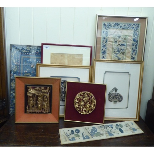 247 - Oriental artwork, textiles and carved wooden plaques  mixed sizes  mostly framed