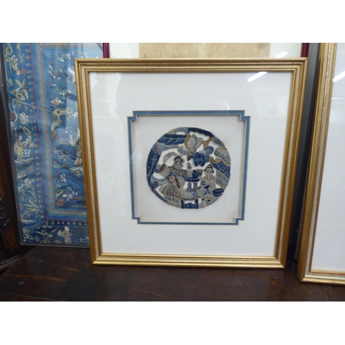 247 - Oriental artwork, textiles and carved wooden plaques  mixed sizes  mostly framed