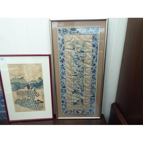 247 - Oriental artwork, textiles and carved wooden plaques  mixed sizes  mostly framed