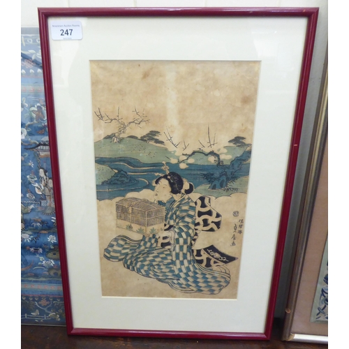 247 - Oriental artwork, textiles and carved wooden plaques  mixed sizes  mostly framed