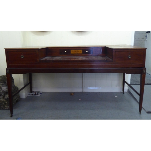 255 - A 19thC ebony and string inlaid mahogany, inverted breakfront three drawer desk-on-stand  35