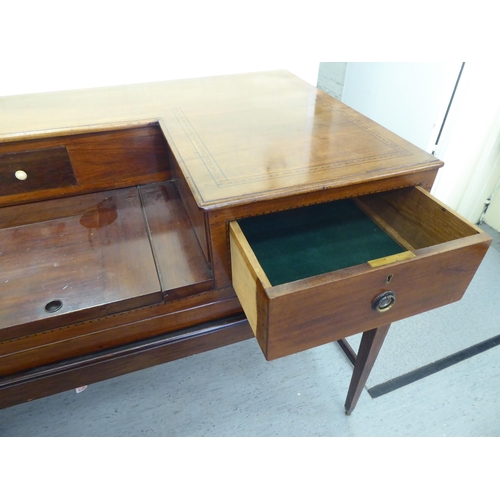 255 - A 19thC ebony and string inlaid mahogany, inverted breakfront three drawer desk-on-stand  35