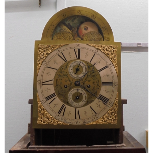 279 - A late 18thC mahogany longcase clock, the arched fretworked hood and glazed window, between reeded f... 