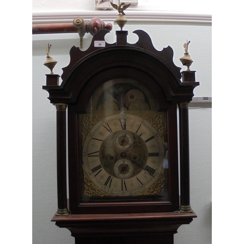 279 - A late 18thC mahogany longcase clock, the arched fretworked hood and glazed window, between reeded f... 