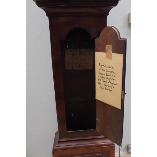 279 - A late 18thC mahogany longcase clock, the arched fretworked hood and glazed window, between reeded f... 