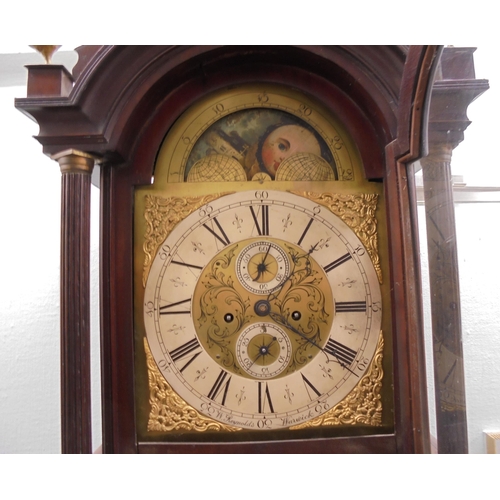 279 - A late 18thC mahogany longcase clock, the arched fretworked hood and glazed window, between reeded f... 