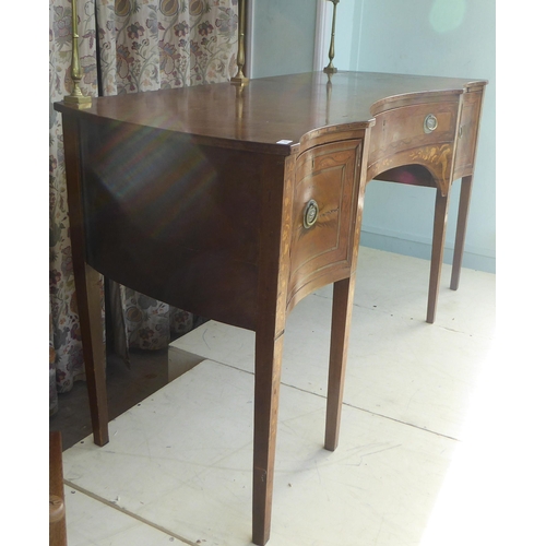 280 - A late 18th/early 19thC hardwood and marquetry, concave front sideboard, fitted with three drawers a... 